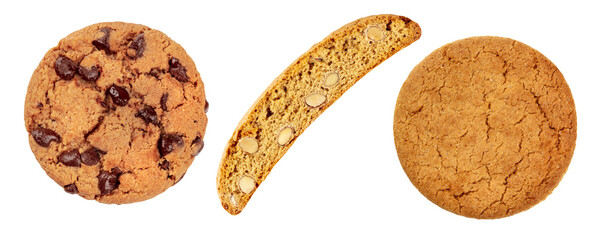 Cookies set, isolated on a white background. Chocolate chip cookie, biscotti and a gingersnap,...