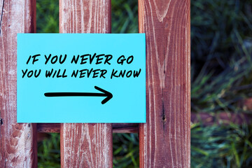 Inspirational and Motivational quote If you never go you will never know written on paper on a fence in nature. Exploring and searching in life.