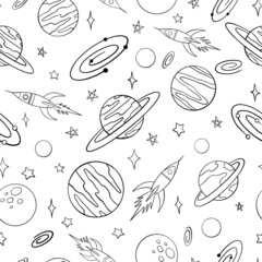 Spaceships and planets doodle seamless pattern. Hand drawn background. Vector illustration for surface design, print, poster, icon, web, graphic designs.