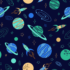 Spaceships and planets doodle seamless pattern. Hand drawn background. Vector illustration for surface design, print, poster, icon, web, graphic designs.