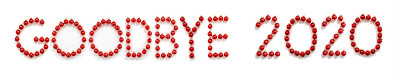 Red Christmas Ball Ornament Building English Word Goodbye 2020. Festive Christmas Decoration. White Isolated Background