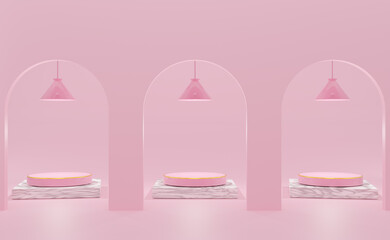 podium empty with geometric shapes in pink pastel composition for modern stage display and minimalist mockup ,abstract showcase background ,Concept 3d illustration or 3d render