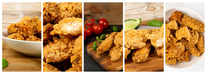 Breaded Fried Chicken Collage, Various Hot Crispy Chicken Nuggets