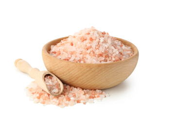 Bowl with pink himalayan salt and scoop isolated on white background