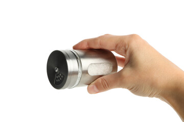Female hand hold salt shaker, isolated on white background