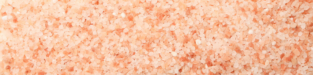 Pink himalayan salt on white background, top view