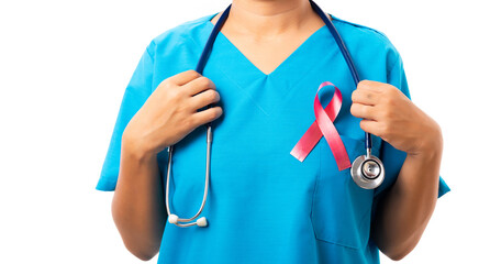 Woman nurse in clinic uniform with support HIV AIDS awareness red ribbon on the chest in studio shot isolated on over white background, Healthcare and medicine, World aids day concept