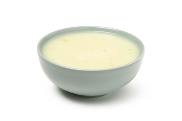 Plate with tasty mushroom soup isolated on white background