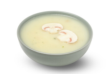 Bowl with tasty mushroom soup isolated on white background