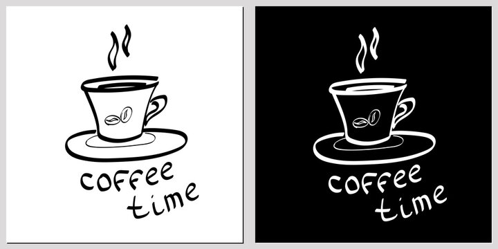 Hand drawn vector illustration with coffee cup and lettering, set of coffee mug on white and dlack background