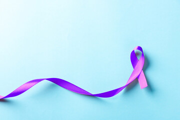 National Epilepsy or Alzheimer disease Day Concept. Purple ribbon symbol of Pancreatic cancer...
