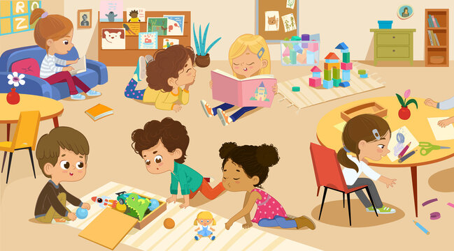 Happy creative kids play with educational toys, painting, cutting paper, sketching, reading play with toy blocks, education and enjoyment concept.