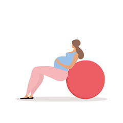Fototapeta na wymiar A pregnant woman doing physical exercises while lying on a large red ball. Flat cartoon vector illustration with fictional character isolated on white background.
