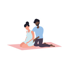 Fototapeta premium Diverse multiracial couple man and pregnant woman performing the exercises in the childbirth preparation course. Flat cartoon vector illustration with fictional characters isolated on white background
