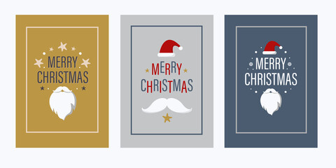 SET Merry Christmas lettering text and Santa Claus hat and beard on blue, grey, yellow  backgrounds. Happy New Year trendy design for greeting card, banner, poster. Vector illustration