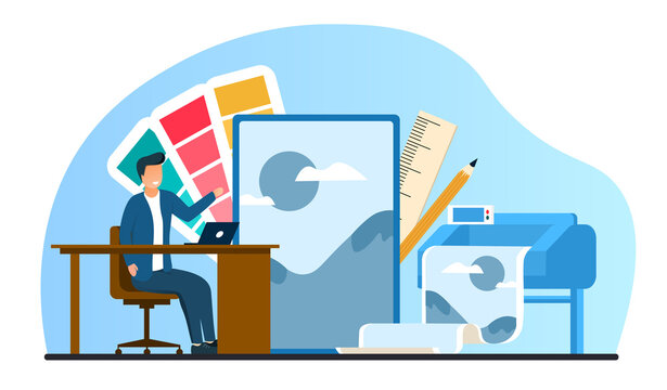 Abstract concept for design studio and typography. A man sitting at his desk and coming up with new design projects. Flat cartoon vector illustration.