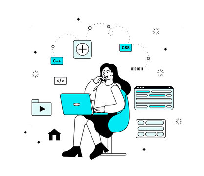 Abstract programming concept with a young inspired female programmer working on laptop. Flat minimal style outline vector illustration with fictional character.