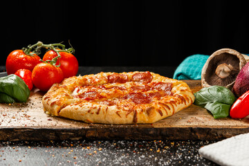 Delicious cooked Pepperoni Pizza with fresh ingredients on a timber board, food background.