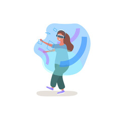 Virtual and augmented reality concept with a girl playing with virtual reality glasses. Flat vector illustration with fictional character.