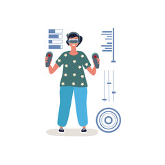 Concept of digital gadgets and devices. Boy playing video game using virtual reality glasses and joysticks. Flat vector illustration with fictional character isolated on white background.