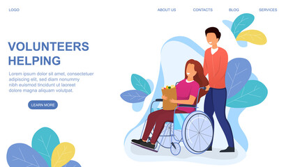 The concept of helping the disabled and handicapped people. Smiling male volunteer driving a happy woman in a wheelchair holding a bag of groceries. Flat cartoon vector illustration. Website template.