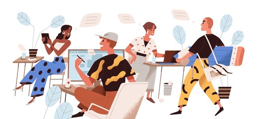 Happy people working at creative design agency office concept. Diverse men and women at studio workplace on white background. Collaboration of creators. Flat vector illustration on white background