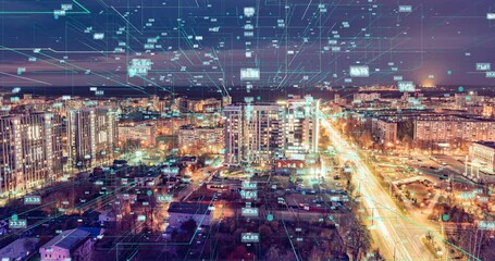 Smart city and communication network concept. 5G. IoT Internet of Things . Telecommunication. time lapse of evening city, beautiful cityscape