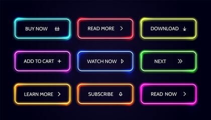 Neom web button. Glow modern colorful action buttons. Vector buy now download read more banner set.