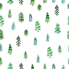 Obraz premium Watercolor holiday pattern with Christmas trees on a white background. Texture for printing, wrapping paper.