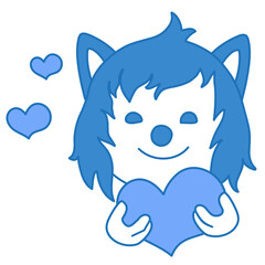 Emoticon with a funny happy wolf in love that stands and presses his hands to his chest a big red heart, vector clip art on a white isolated background
