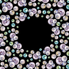 Watercolor gem stones square frame. Hand painted card design with multicolor crystals isolated on black background.