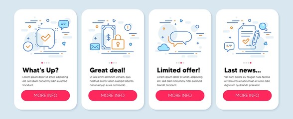Set of Education icons, such as Private payment, Messenger, Confirmed symbols. Mobile app mockup banners. Approved agreement line icons. Secure finance, Speech bubble, Accepted message. Vector