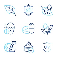 Healthcare icons set. Included icon as Medical drugs, Uv protection, Medical tablet signs. Plants watering, Leaf dew, Leaf symbols. Face protection line icons. Medicine pills, Skin cream. Vector