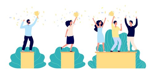 Business winners characters. Person holding trophy, corporate team and people on pedestal. Teamwork win, employee success award. Isolated woman man gold cup celebrating victory vector illustration