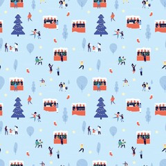 Christmas fair pattern. Happy people shopping, winter outdoor walking. Man woman child New year celebration. Festive or holidays street vector seamless pattern. Illustration fair christmas pattern
