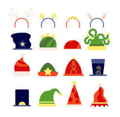 Flat christmas hats. Elf xmas accessory, santa party costume clothes and deer hair hoop. Isolated holiday magic photo booth props vector set. Illustration santa deer and dwarf headband