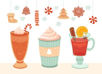 Hot winter drink. Christmas mug, xmas food cocoa coffee or chocolate. Holiday cookies banner, latte mulled wine cups vector illustration. Christmas chocolate drink, xmas coffee cartoon