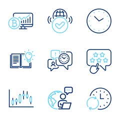 Education icons set. Included icon as Bitcoin chart, Update time, Time management signs. Product knowledge, Ranking star, Verified internet symbols. Candlestick graph line icons. Vector