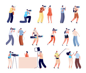 Journalists characters. Interview, woman talking tv camera. Isolated cameraman photographer, creative news makers working vector illustration. News people and tv journalist with camera