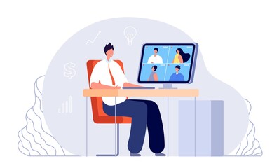 Online business meeting. Video conference, office work from home. Web study, internet networking or team digital webinar vector illustration. Team online and webinar communication, digital screen