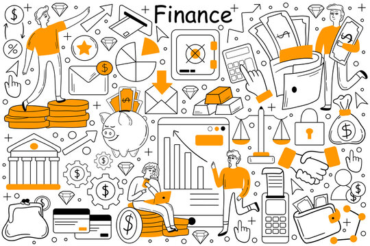 Finance doodle set. Collection of hand drawn templates patterns of businesspeople working together developing financial strategy for business. Data analysis or return of investment and money growth.