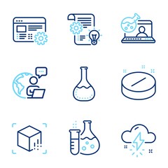 Science icons set. Included icon as Thunderstorm weather, Augmented reality, Chemistry lab signs. Web settings, Chemistry flask, Medical tablet symbols. Cogwheel line icons. Line icons set. Vector