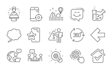 Cogwheel settings, Brand ambassador and 360 degree line icons set. Seo phone, Comic message and People chatting signs. Roller coaster, Left arrow and Smile chat symbols. Line icons set. Vector