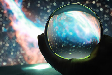 Astrological background. Crystal ball with predictions. Horoscope of the stars. Fortune telling and...