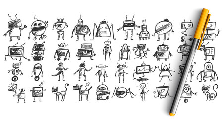 Obraz premium Robots doodle set. Collection of pencil pen ink hand drawn sketches templates patterns of mechanical scientific machines isolated in line. Technological androids and futurism illustration.