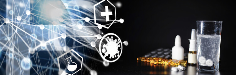 Composition from Bottles of cough syrup.Healthcare, medicine, flu and treatment concept - paper...