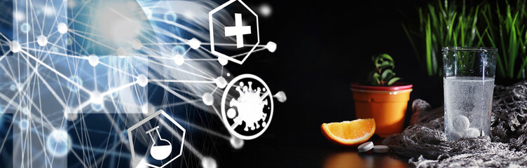 Composition from Bottles of cough syrup.Healthcare, medicine, flu and treatment concept - paper wipes and thermometer with pills.