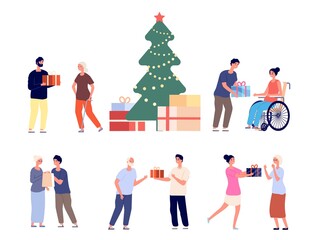 Presents for elderly people. Christmas or new year party in nursing home young volunteers. Happy grandchildren gift to grandparents vector set. Christmas present to grandfather and granny illustration