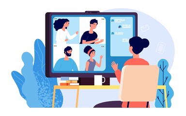 Video calling. Online conference, internet call or business chat. Group people have distance discussion, web meeting or digital webinar illustration. Remote education vector concept