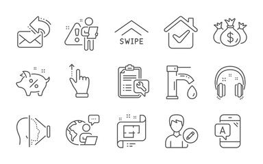 Edit person, Headphones and Swipe up line icons set. Ab testing, Face id and Architectural plan signs. Touchscreen gesture, Tap water and Check investment symbols. Line icons set. Vector